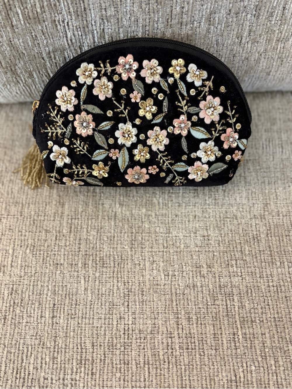 Embroidered Floral Black Velvet Cosmetic Pouch or Clutch